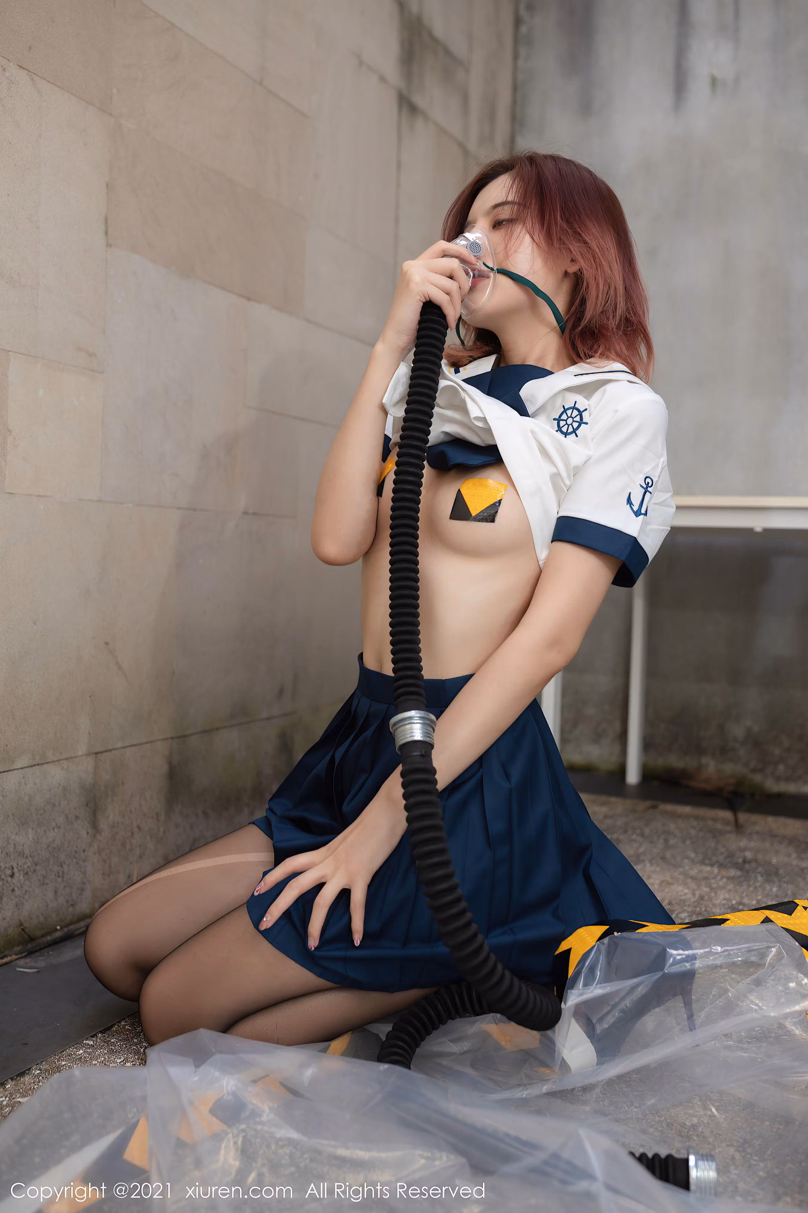 蓝白拼色双排扣短款JK水手服上衣特写